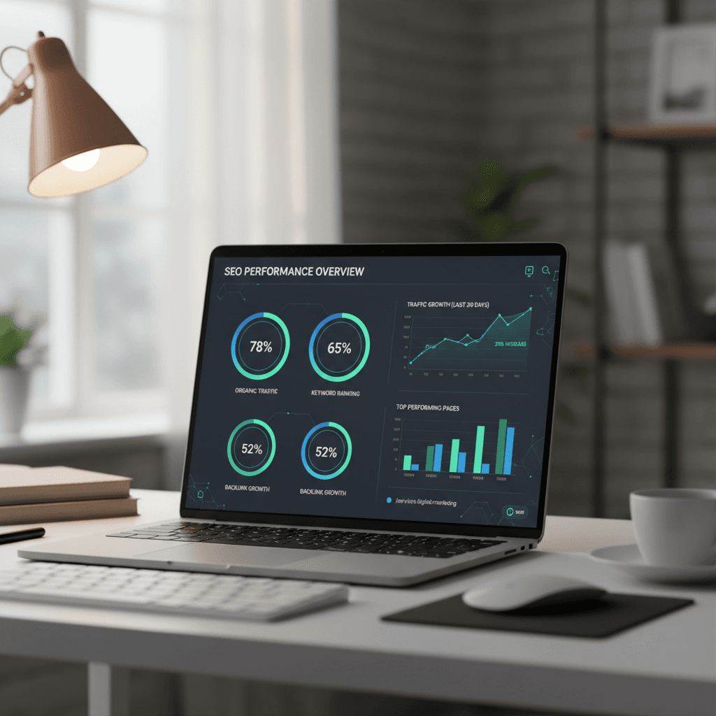 Digital analytics dashboard on a laptop showing SEO growth metrics