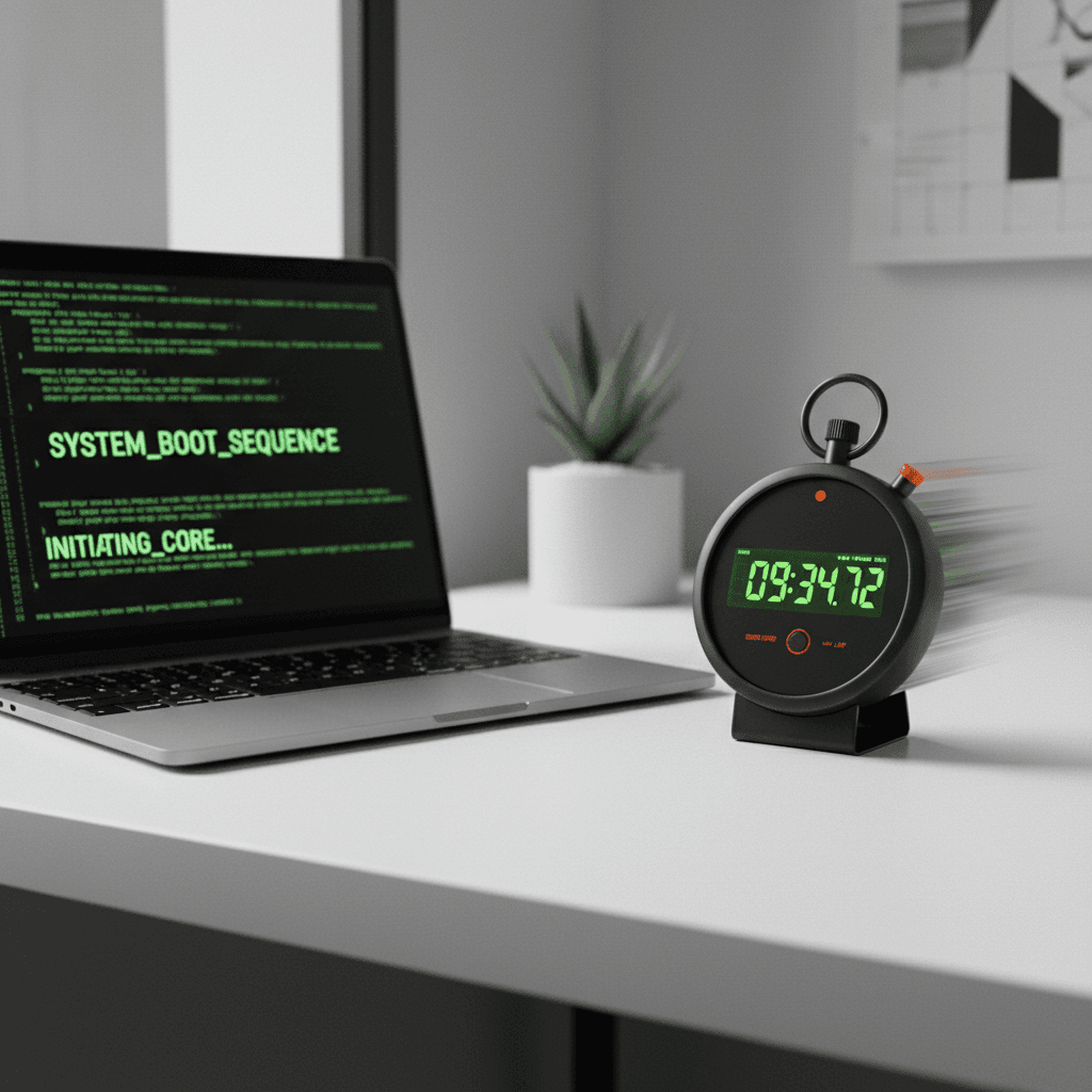 Stopwatch on a desk next to a laptop with code signifying fast delivery