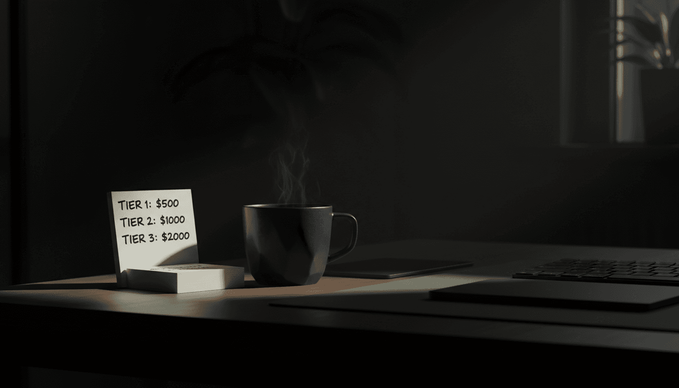 Pricing cards written in marker next to a coffee cup on a desk