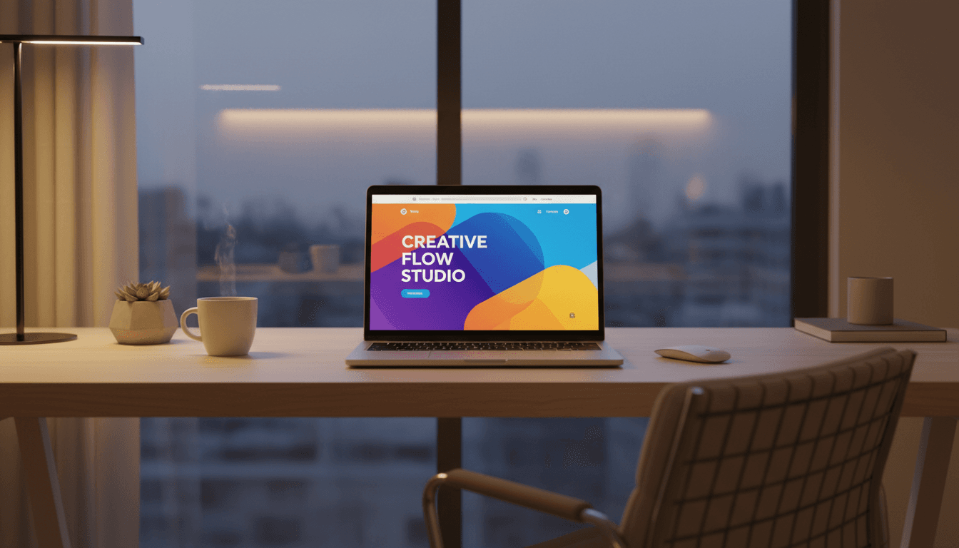 Modern desk setup with a laptop showing a fresh website design