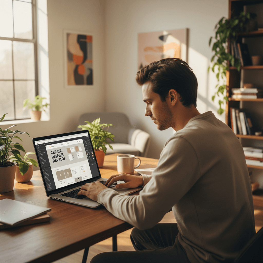 Web designer working on a custom website layout on a laptop in a bright modern studio