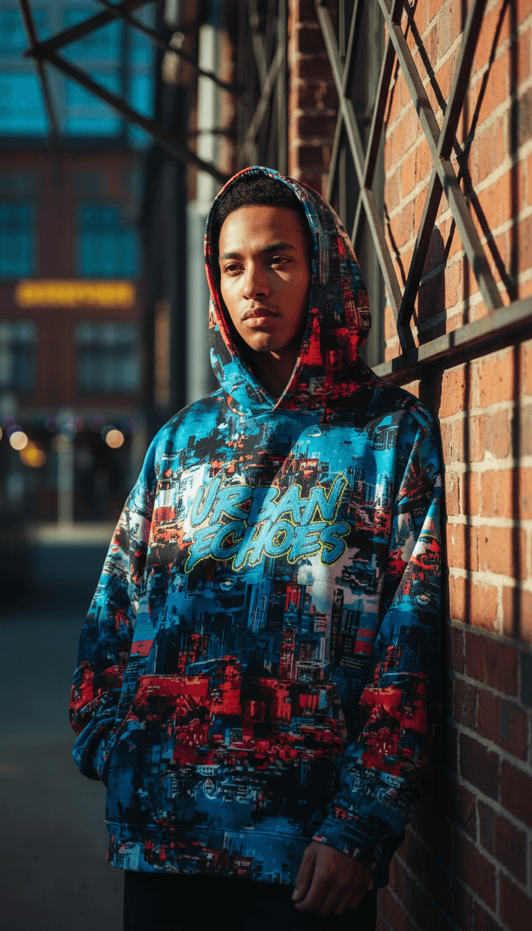 Young person wearing oversized streetwear hoodie and bag standing in urban alley