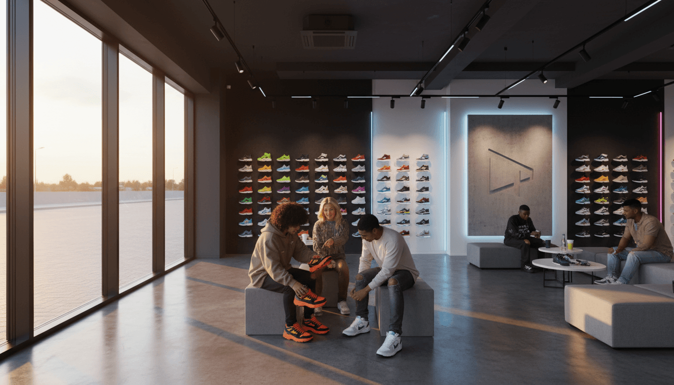 Shelves lined with fresh sneakers in a boutique setting