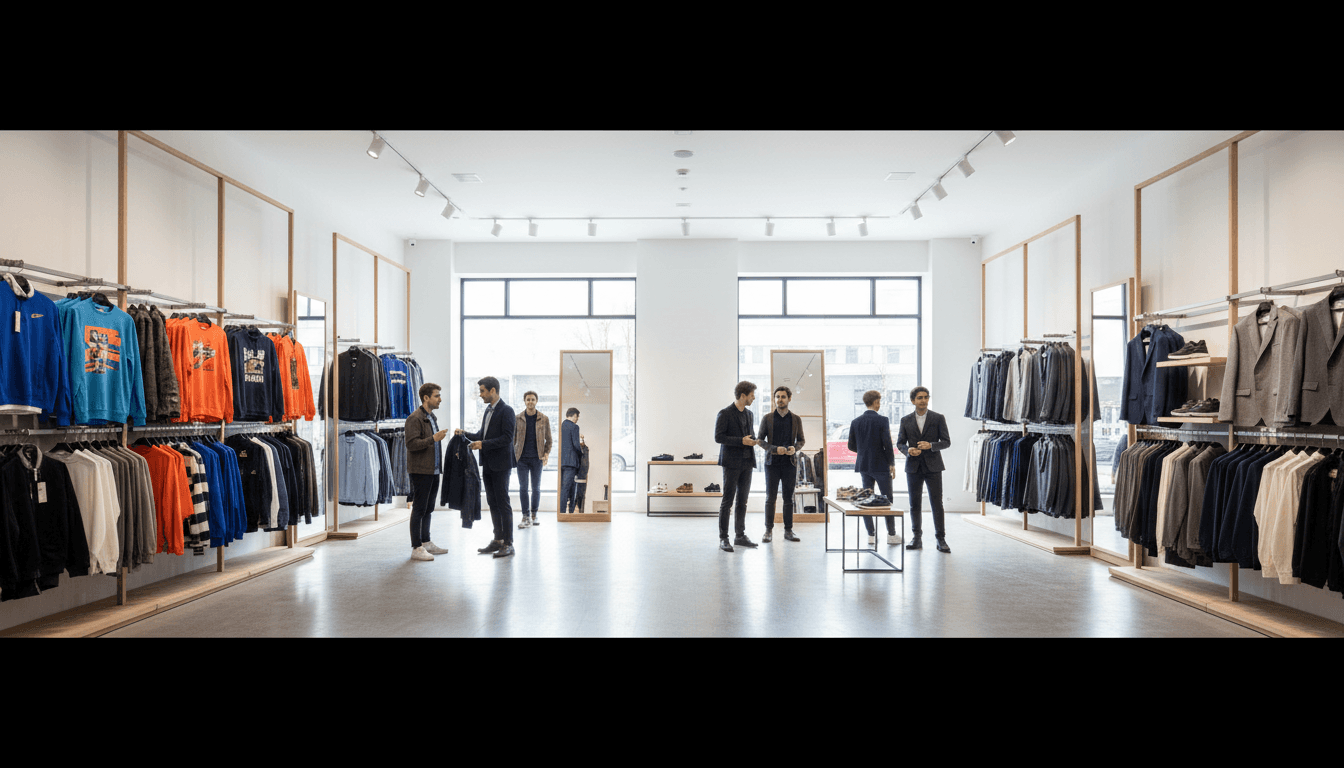 Young man and woman in stylish streetwear clothing standing in modern boutique