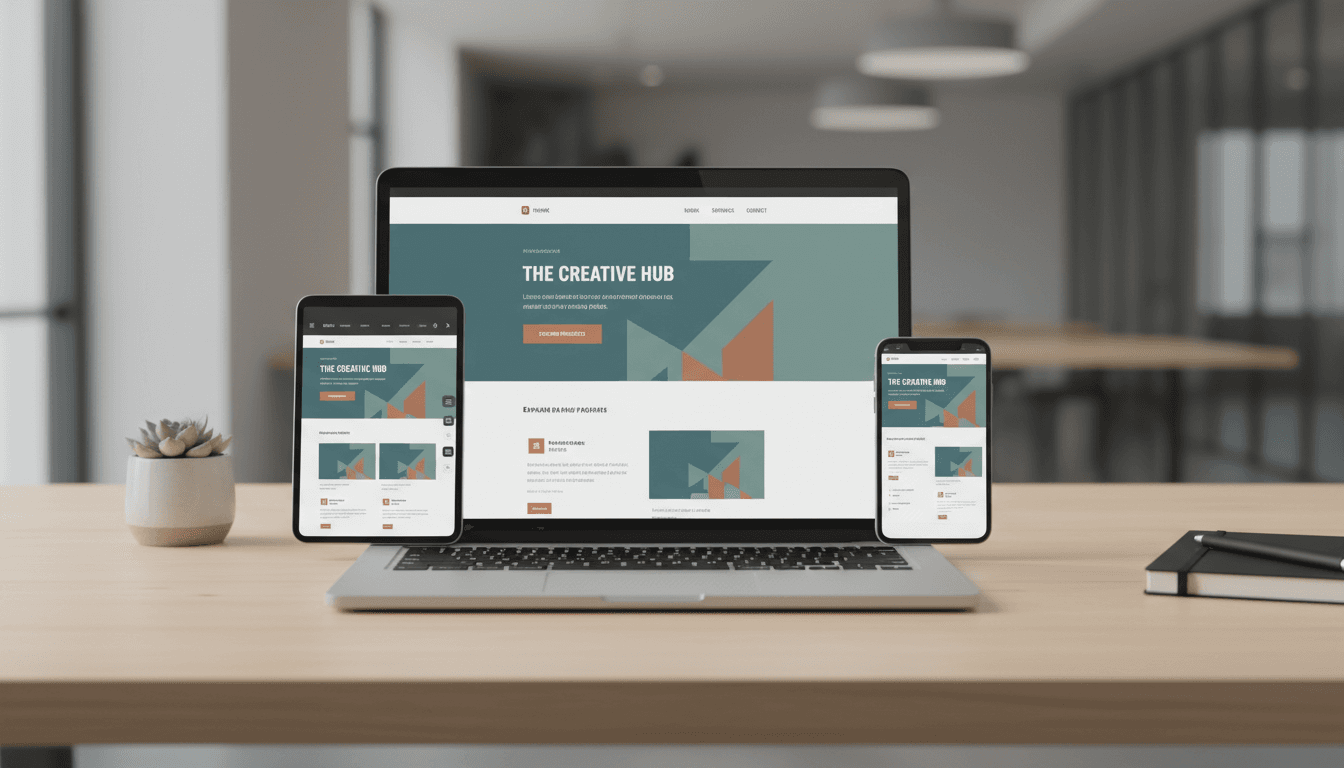 Laptop displaying responsive website design across multiple device mockups showing mobile, tablet, and desktop layouts
