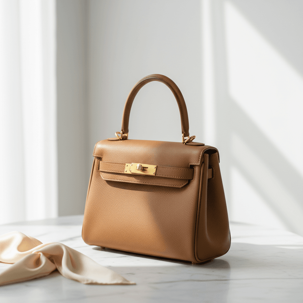 Designer handbag displayed on a clean white surface in a boutique