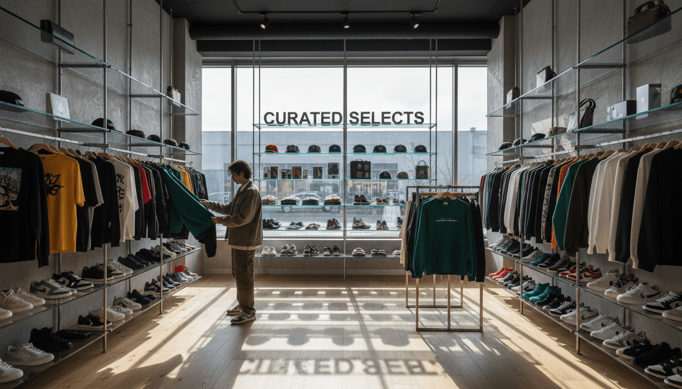 Close up of fresh sneakers on display in bright streetwear store